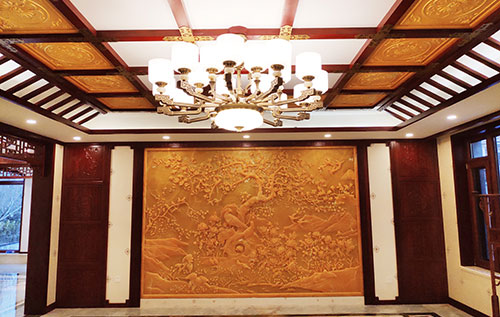 瑶海中式别墅客厅中式木作横梁吊顶装饰展示